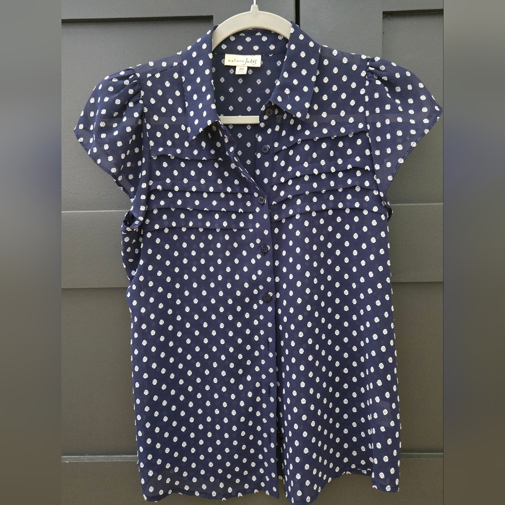Maison Jules Navy Blue & White Collar Cap Sleeve Blouse